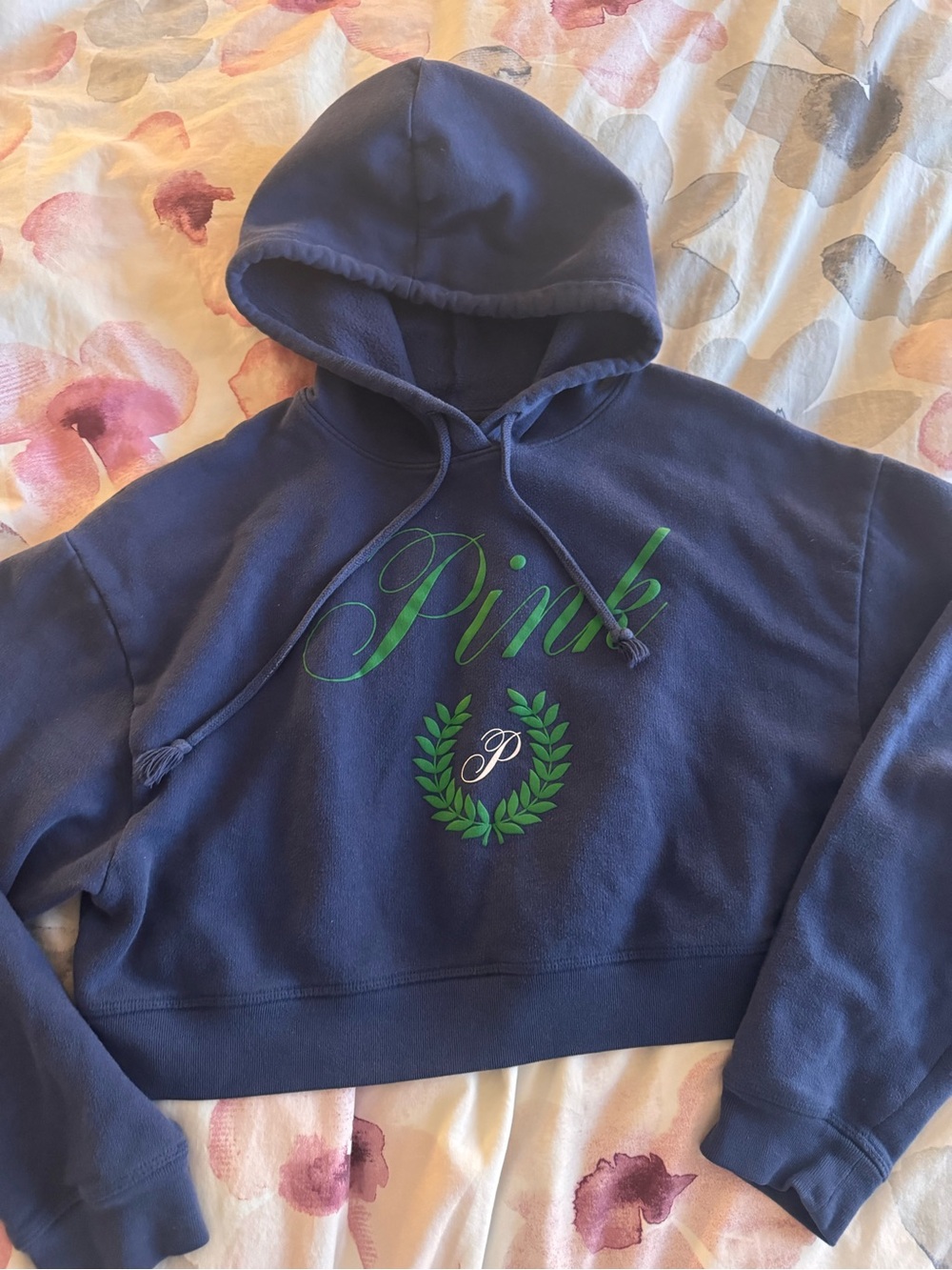 PINK Victoria's Secret Navy Blue cropped Hoodie with Green Script